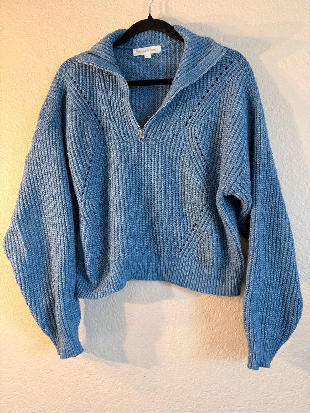 Sky Blue Half-Zip Ribbed Turtleneck Sweater